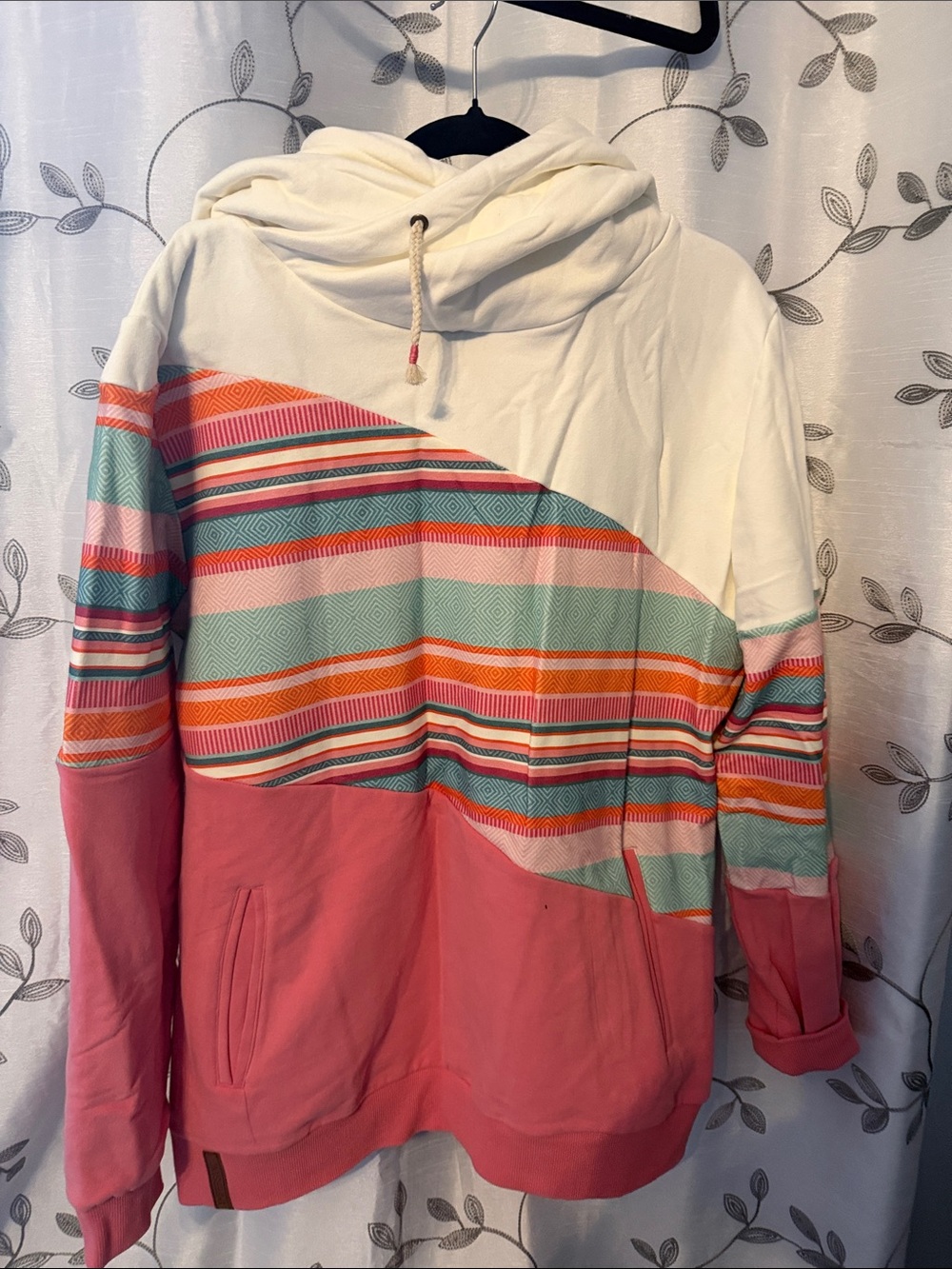 AMPERSAND AVE Cream, Pink & Teal Striped Hooded Pullover